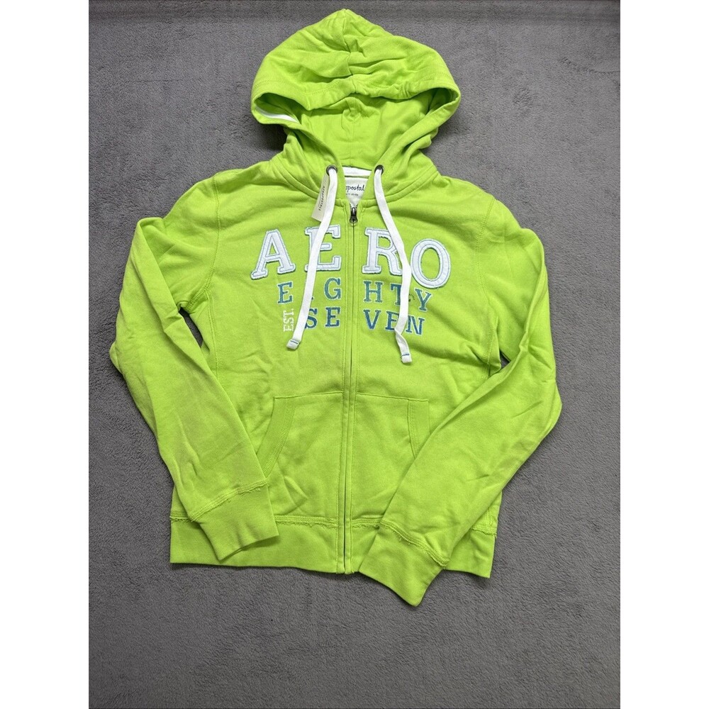 Aeropostale Womens Y2K Preppy Puff Embroidery Logo Hoodie Size M Bright Green